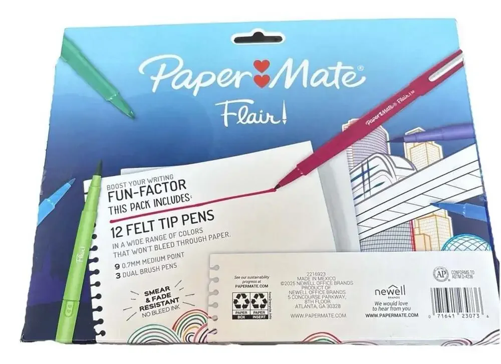 Paper Mate Flair Felt Tip Pens 12-Pack (9 Medium Point + 3 Dual Brush Pens)